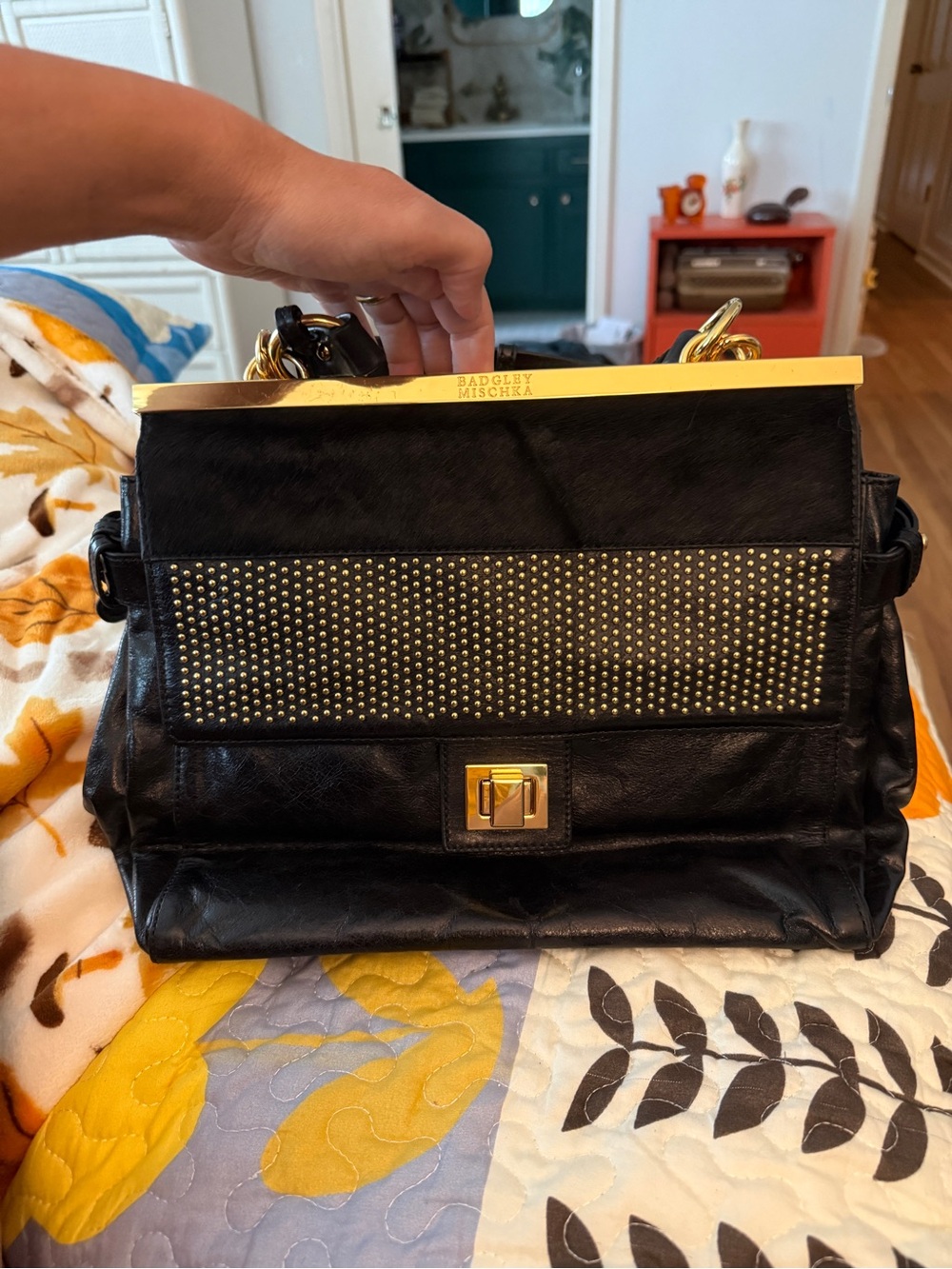 Badgley Mischka Black Leather Studded Top-Handle Satchel